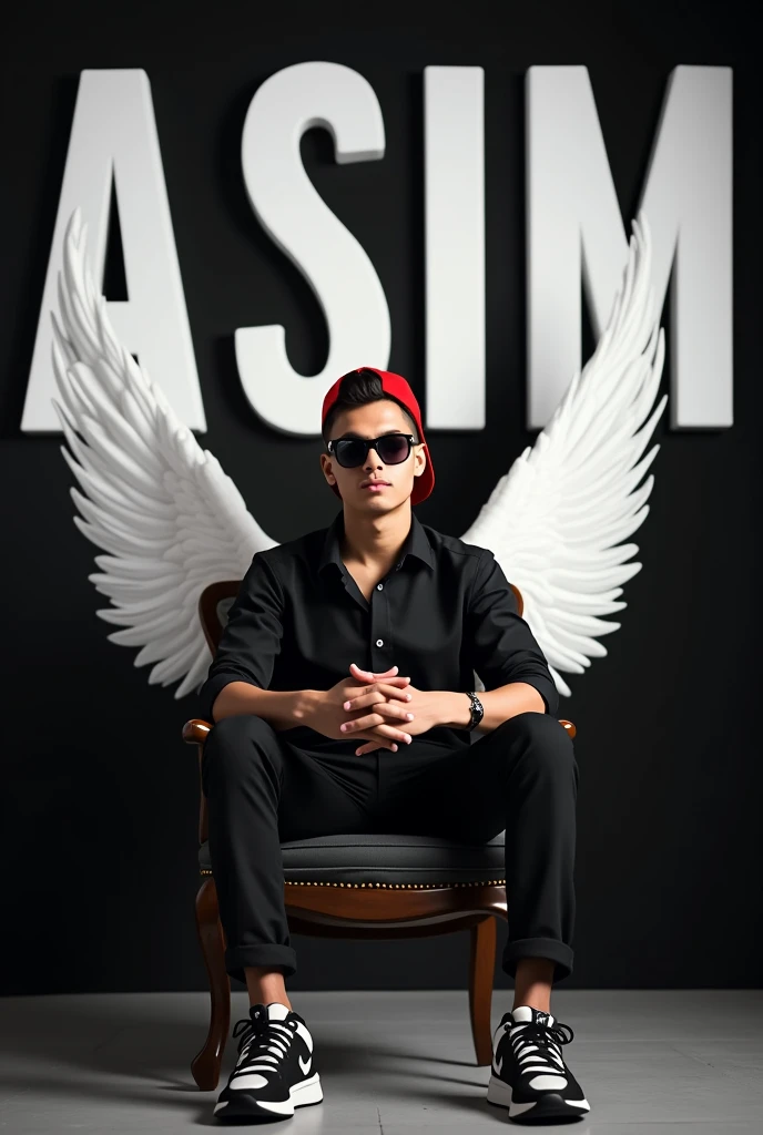 Command Prompt : Create a 3D illusion for a Instagram profile picture where a 22 year's old boy in a black shirt sits casually on a Wingback Chair. Wearing sneakers, a Red cricket cap, and sunglasses, he looks ahead. The background features "ASIM" in big and capital white fonts on the black wall. There should not be his shadow, and there are wings to make it appear as if he is an angel.