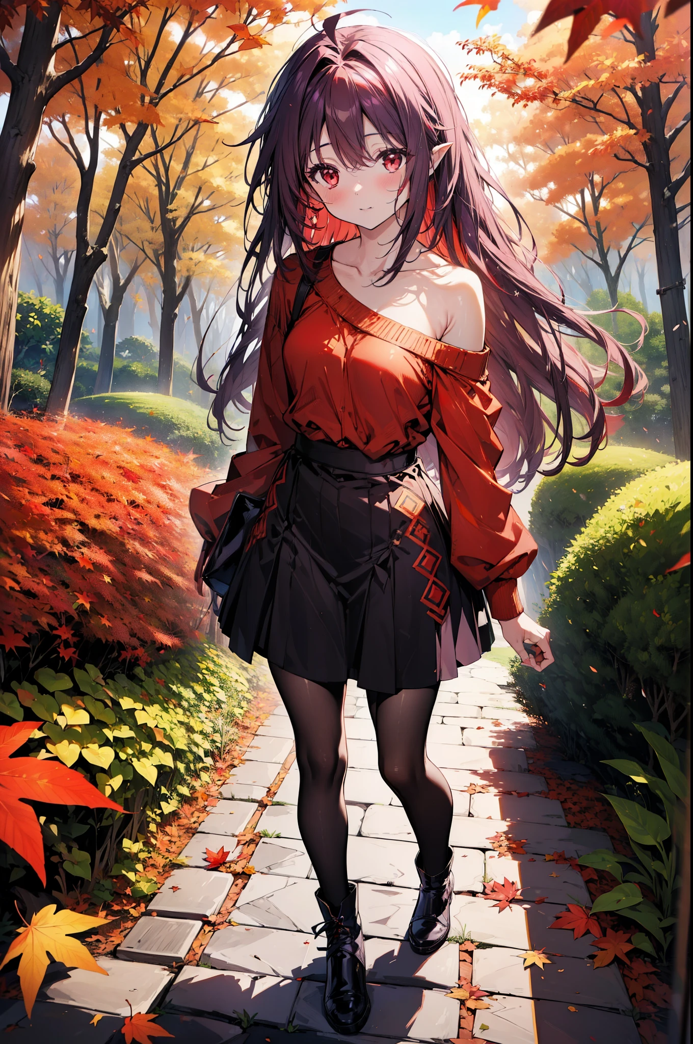 yuukikonno, Yuuki Konno, hair band, Long Hair, Pointed Ears, Purple Hair, Ahoge,(Red eyes:1.5), (Small breasts:1.2), smile,blush,Close your mouth,Purple one-shoulder sweater,mini skirt,Black tights,short boots,Walking,autumn leaves,autumn leaves,scattered,autumn leavesが積もっている,Autumn sky,whole bodyがイラストに入るように,
break looking at viewer, whole body,
break outdoors, garden,forest, nature,
break (masterpiece:1.2), Highest quality, High resolution, unity 8k wallpaper, (figure:0.8), (Beautiful attention to detail:1.6), Highly detailed face, Perfect lighting, Highly detailed CG, (Perfect hands, Perfect Anatomy),