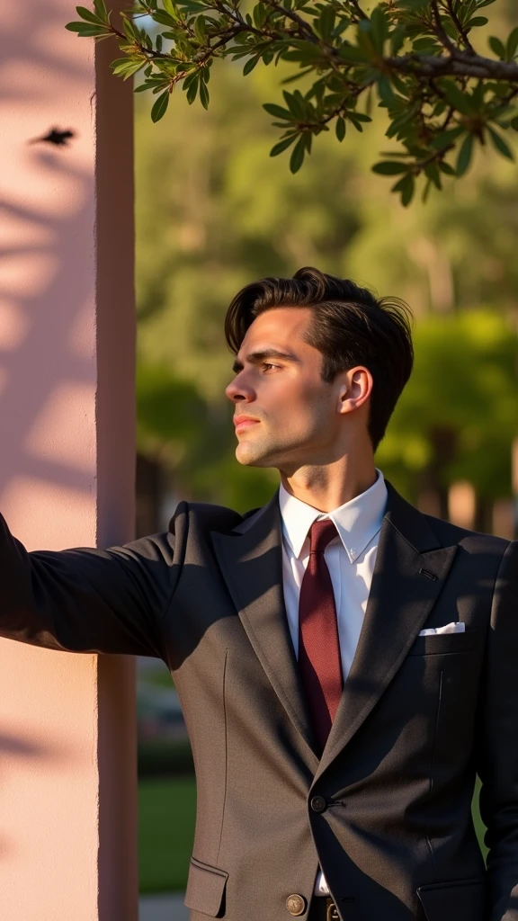 Masterpiece, Top Quality, Super Detail, 1 Man in his 40s, Male Focus, Handsome, Residential Area, Fence, Spindle Tree, Afternoon Sun, After School, Suit, Hand-held Bag, Flock of Birds, Right From the Side, Depth of Field