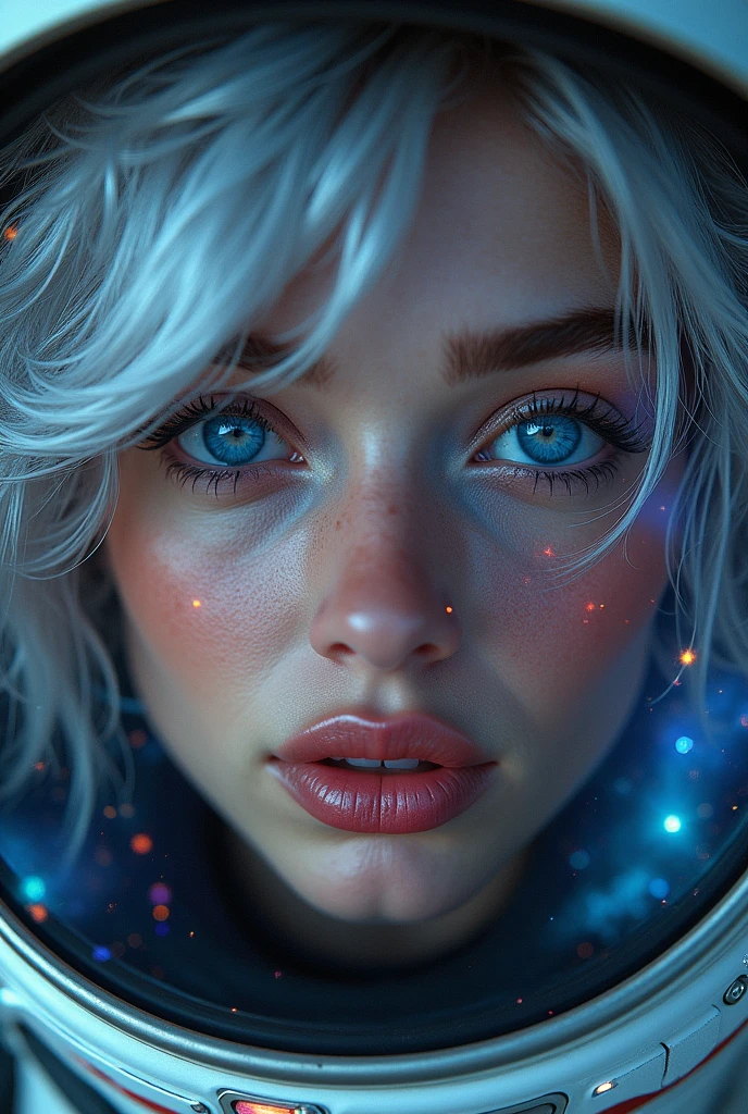 (Close-up of a better masterpiece:1.5)0.9], (Space and astronauts:1.2) (Messy silver hair:1.1) (Heterochromia xanthochromia and blue eyes:1.2) (Space Helmet:1.0) (Colored stars in the eyes:1.0) (A radiant glow:1.1) (thick lips:0.9)