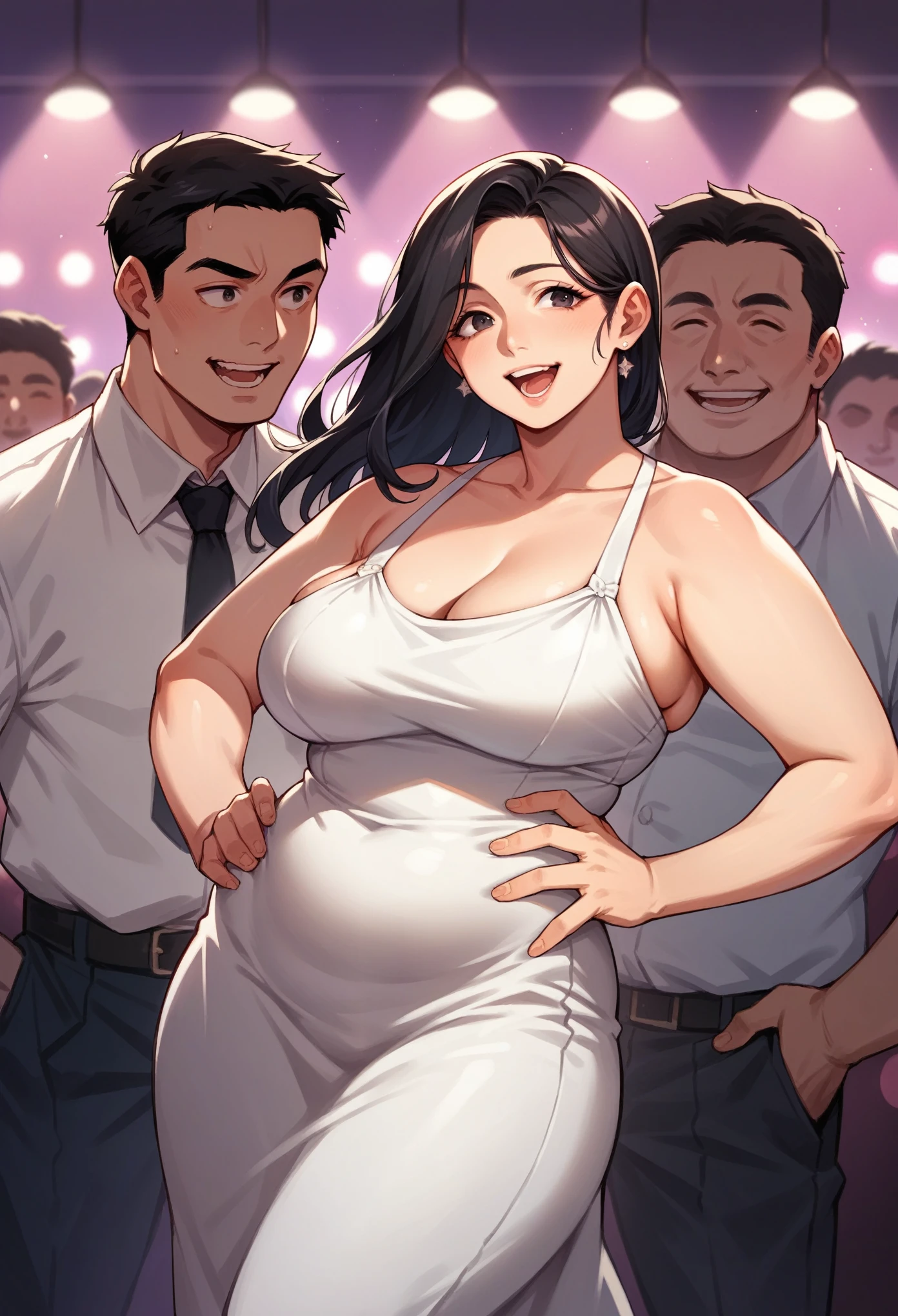 Chubby Japanese sexy mature woman (50 years old), long, straight black hair, Sexy mini white summer dress, Sexy neckline, Dancing with a tall man, Nightclub, Hands on hips, Excited expression, Many men are watching