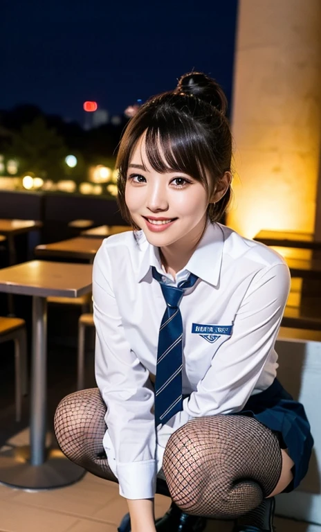 (a cute girl with short bob hair or ponytail, wearing a university student uniform, squatting in an outdoor cafe, wearing fishnet tights and loafers, with white shirt and a pleated skirt, kind smile, beautiful detailed eyes, beautiful detailed face, long eyelashes, beautiful detailed lips, dimpled cheeks, ample bosom, photo-realistic, ultra-detailed, 8k, high resolution portrait illustration, vivid colors, bokeh night background, SFW, )