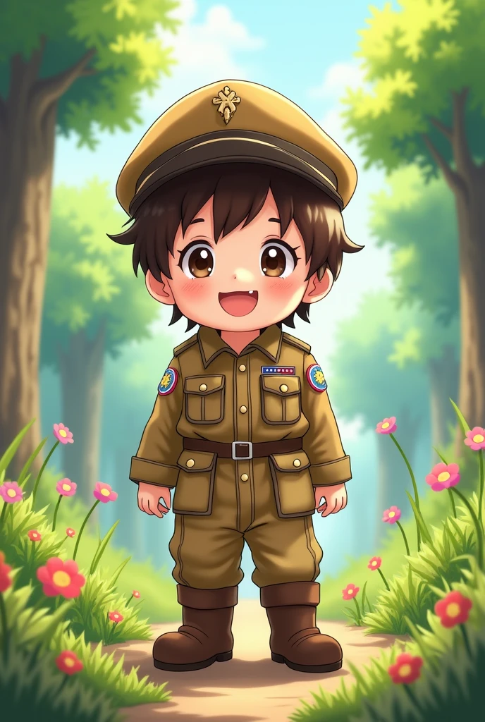 Brown combat uniform Child cute anime Wearing a hat My hair is brown