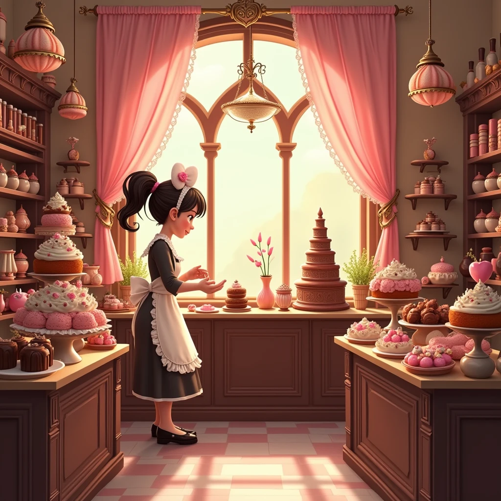 inside soft pink and brown cute victorian era theme chocolate shop, fantasy world, chocolate world