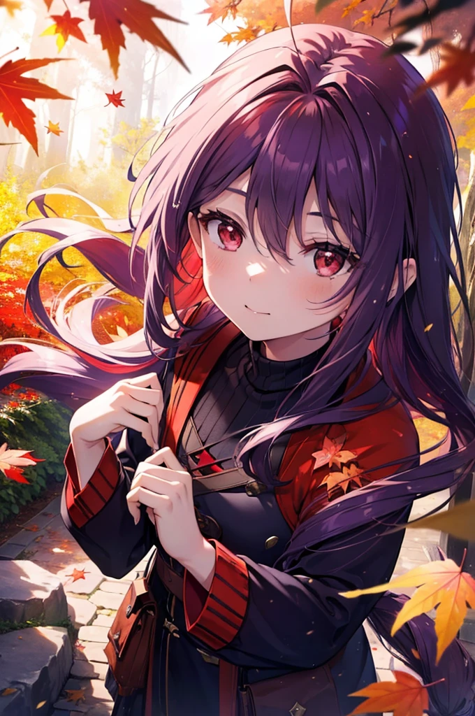 yuukikonno, Yuuki Konno, hair band, Long Hair, Pointed Ears, Purple Hair, Ahoge,(Red eyes:1.5), (Small breasts:1.2), smile,blush,Close your mouth,purple v neck sweater,mini skirt,Black tights,short boots,Walking,autumn leaves,autumn leaves,scattered,autumn leavesが積もっている,Autumn sky,whole bodyがイラストに入るように,
break looking at viewer, whole body,
break outdoors, garden,forest, nature,
break (masterpiece:1.2), Highest quality, High resolution, unity 8k wallpaper, (figure:0.8), (Beautiful attention to detail:1.6), Highly detailed face, Perfect lighting, Highly detailed CG, (Perfect hands, Perfect Anatomy),