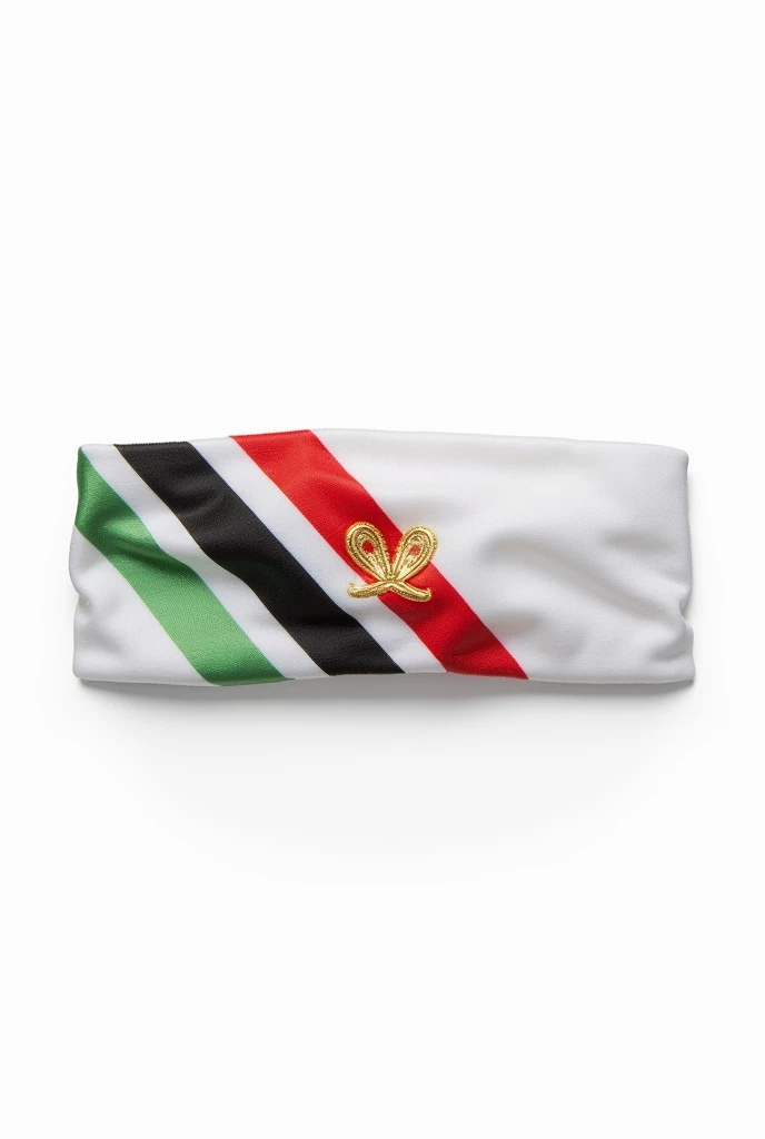White sweat headband with stripes of lines red and green on top and stripes of lines black and gold below leaving the middle white and it should have a white background