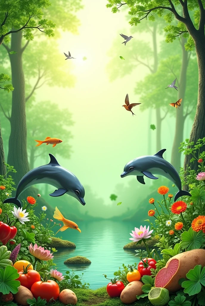 Create a vibrant, nature-themed wallpaper filled with a variety of healthy elements and emojis. The background should be a soft, natural green gradient representing the freshness of nature. The wallpaper should include various plants like shamrock leaves, herbs, trees, and flowers (e.g., โ๏ธ๐๐ชด๐ด๐ต๐ณ๐พ๐ฑ๐ฟ๐๐น๐บ๐ชท๐ธ). Additionally, include animals that symbolize health and well-being, such as dolphins, birds, and fish (e.g., ๐ฌ๐๐ณ๐ฆญ๐ง๐ฆ๐ฆ๐ฆ๐ฆฉ๐ฆ๐ฆข๐ฆ๐). Finally, add a variety of healthy vegetables and fruits to emphasize the theme of wellness (e.g., ๐
๐ถ๏ธ๐ ๐ง
๐ฅ๐ซ๐ฝ๐๐ฐ๐ซ๐ฝ๐ฅฆ๐ฅ๐ฅฌ). Arrange these elements harmoniously across the wallpaper, ensuring the overall design is balanced, lively, and visually appealing."