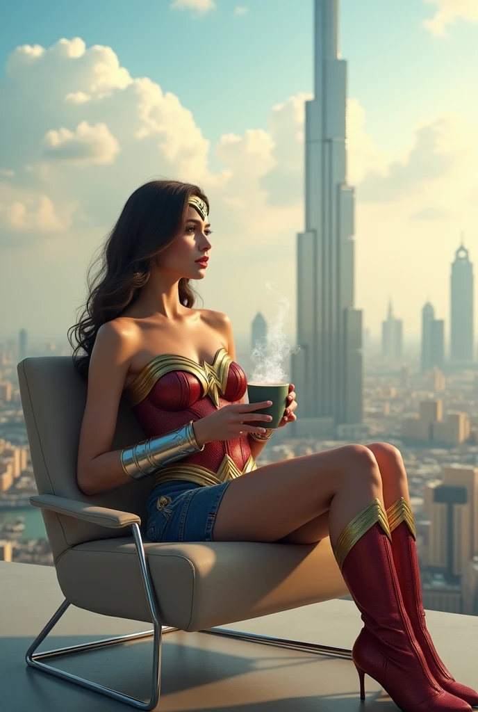 uhd, realistic, wonder woman with korean beauty like tae yon with her face clearly visible, left hand holding a cup of coffee with smoke arose from coffee and sitting on chair on middle of rooftop Skyscraper building, with cloud background is the Burj khalifa, Dubai,morning sky, bright sun. use the RenderMan renderer.digital art. High definition, high contrast, high color saturation, 3d,128k,cinematic lighting, intricate,cinematic lens, advertising photograph,ultra detail