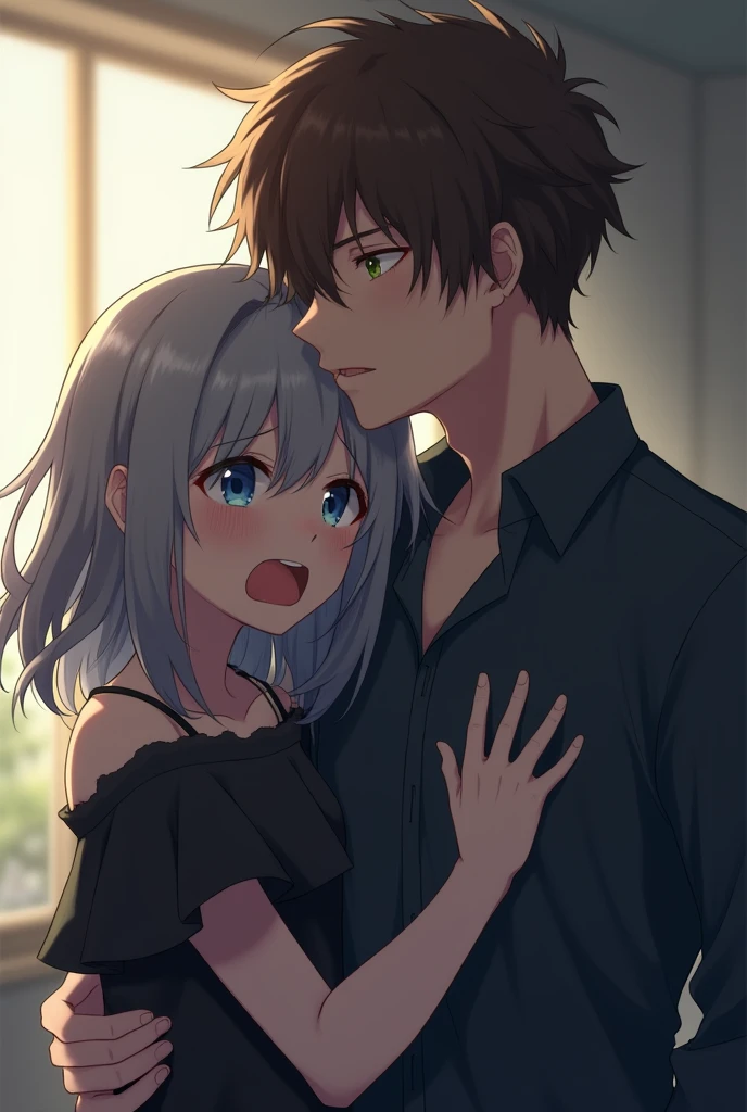 18 year old anime girl with gray hair and blue eyes wearing a short black dress crying loudly in the arms of a 25 year old young man with brown hair, green eyes and sharp and serious features and the girl holding his shirt tightly and crying in a blurry background