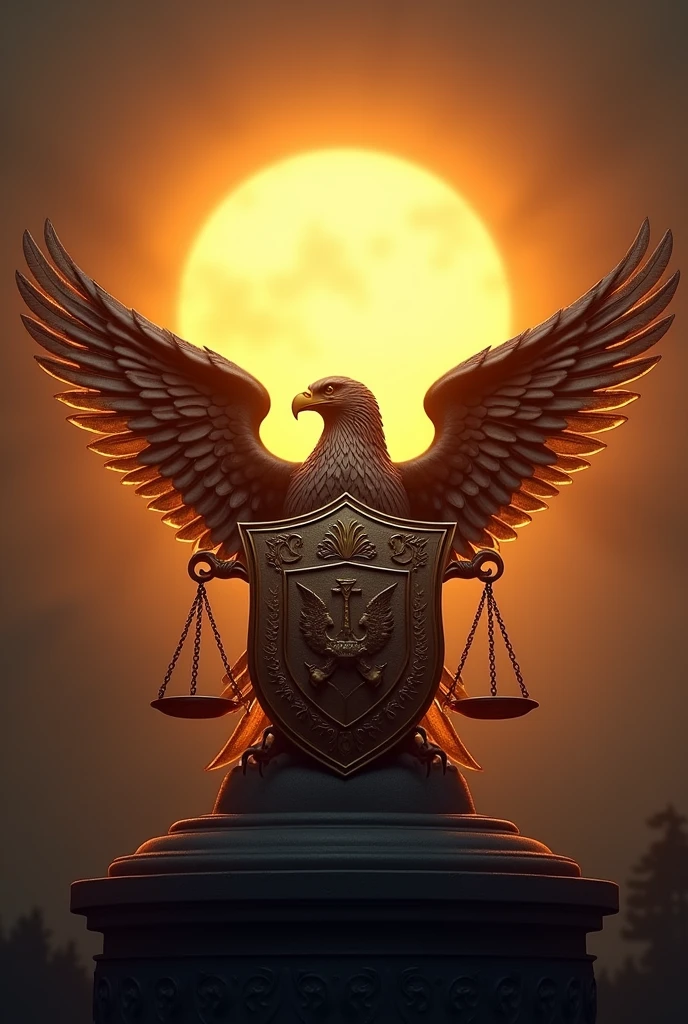 Sun in the back with shield  in the front with wing and scale of justice with eagle on top as a logo