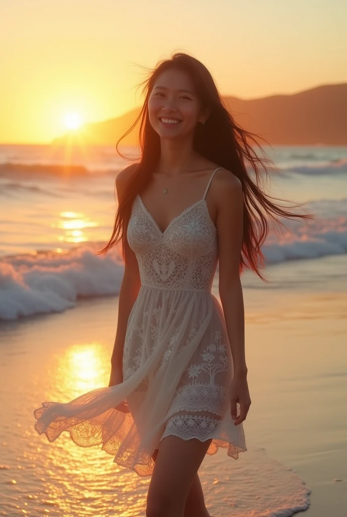 in 3D movies，18-year-old Indian-Korean Japanese girl，long hair，Clear eyes，Sparkling，Wearing a lace dress and skirt，Smooth skin，Long and fair legs，eye contact smile，Walking and posing on the beach，come into view，strong sea breeze，waves crashing，sunset atmosphere，Copper light reflected from the sea surface，48k，suhd。