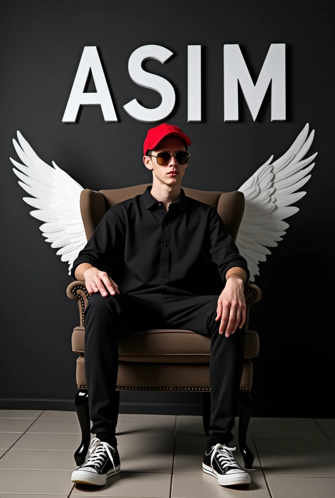 Command Prompt : Create a 3D cratun illusion for a Instagram profile picture where a 22 year's old boy in a black shirt sits casually on a Wingback Chair. Wearing sneakers, a Red cricket cap, and sunglasses, he looks ahead. The background features "ASIM" in big and capital white fonts on the black wall. There should not be his shadow, and there are wings to make it appear as if he is an angel.