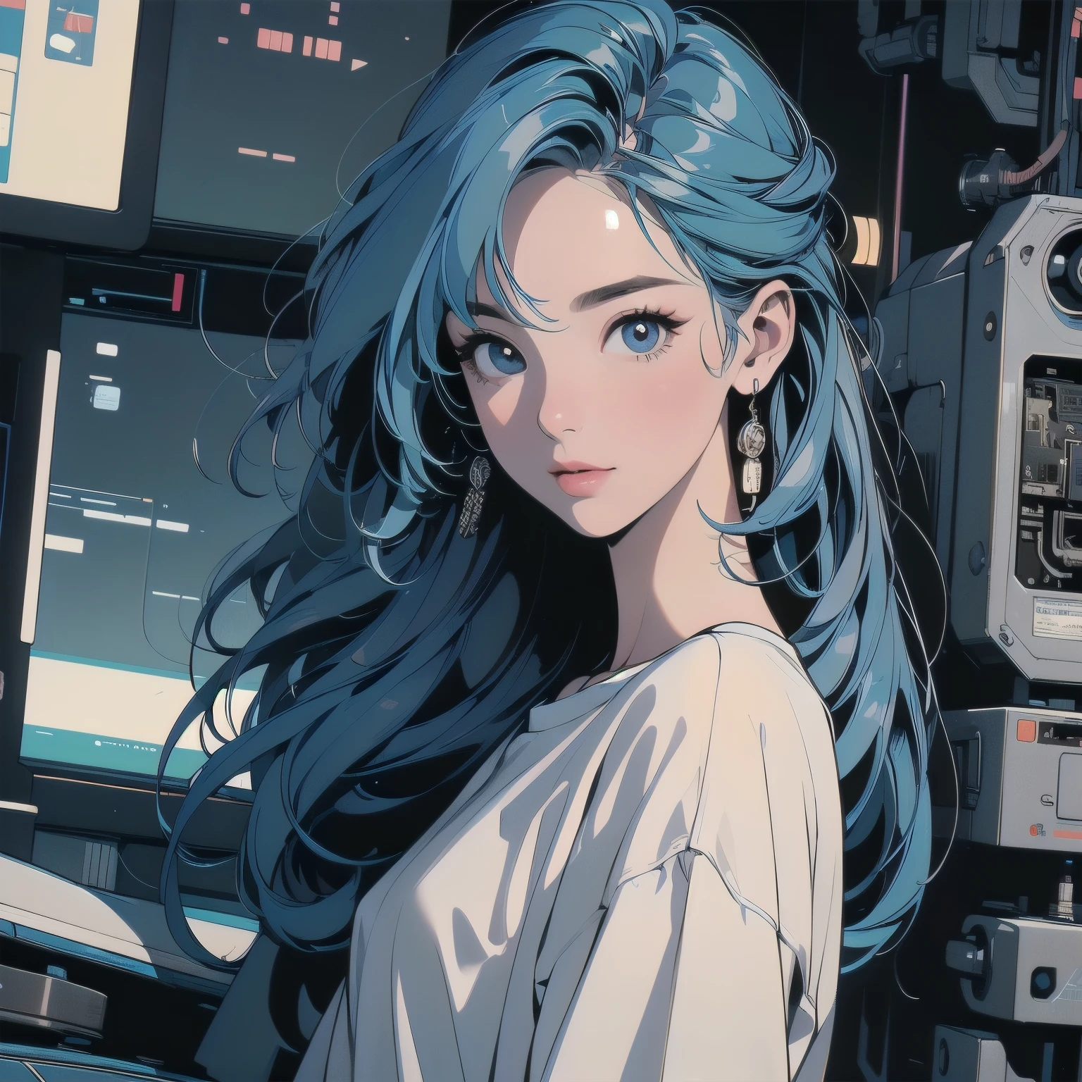 (((masterpiece, Highest quality)))、(((32K Wallpapers)))、The most detailed machine、(((The most complete and detailed futuristic machine and a woman)))、The most detailed background、(((Flat Chest)))、(((Surrounded by many complex, sophisticated, futuristic machines)))、head shot,((((more various angle))))、((Overall colorfully))、A perfect machine、(((Perfect Face)))、(((The most complete machine of the future)))、Detailed Hair、Short sleeve white T-shirt, blue hair