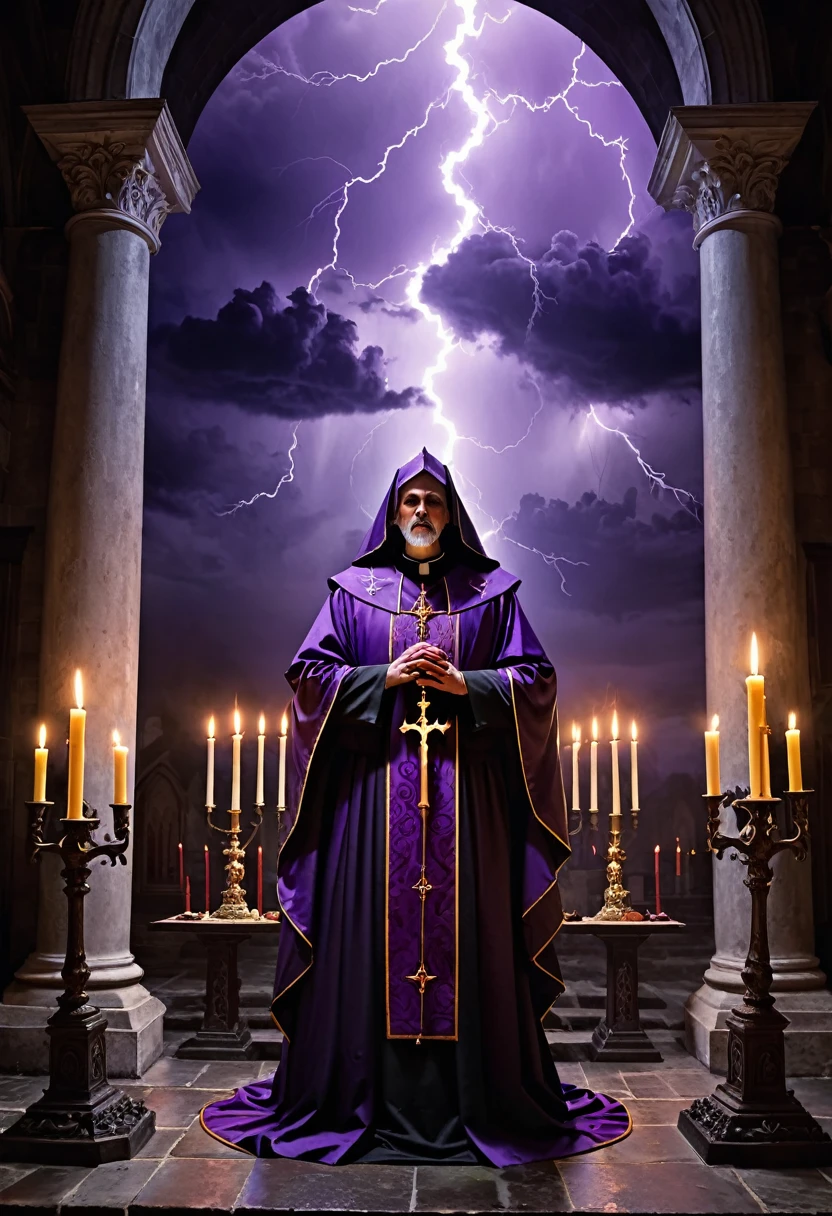 Dark Priest,Church of the Heretic,Dark clouds and lightning,Altar of Bone,Candlestick with purple flame