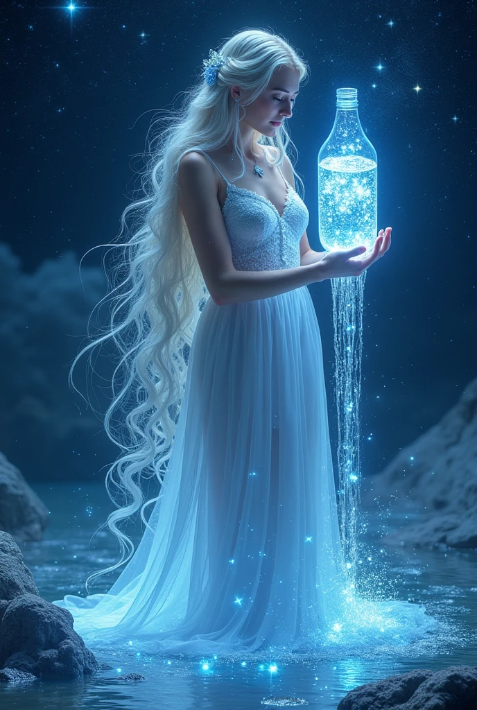 Aquarius, a female deity, emits a gentle radiance all over her body. Against the backdrop of the starry sky, a river of stars flows from the water bottle in her hand