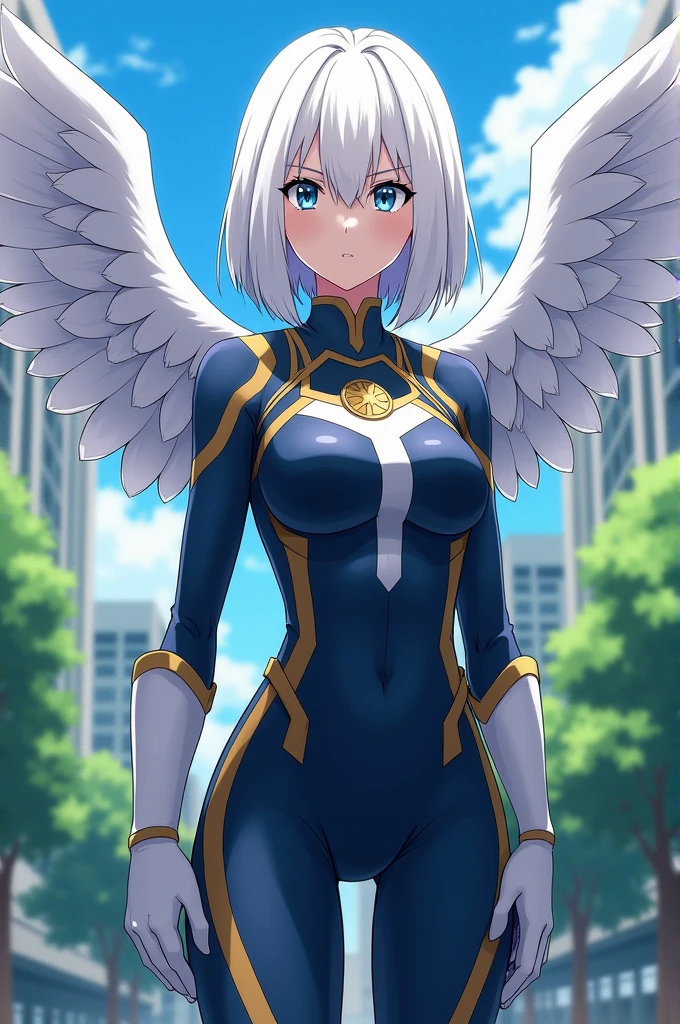 my hero academia template. Make a white haired girl, dark blue eye color, with white owl wings, that has in uniform of the UA.