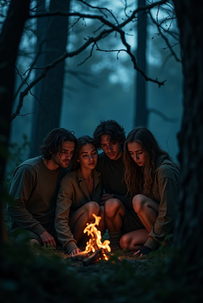 4 friends 2 man and 2 girl terrified, huddled and disoriented in forest at night