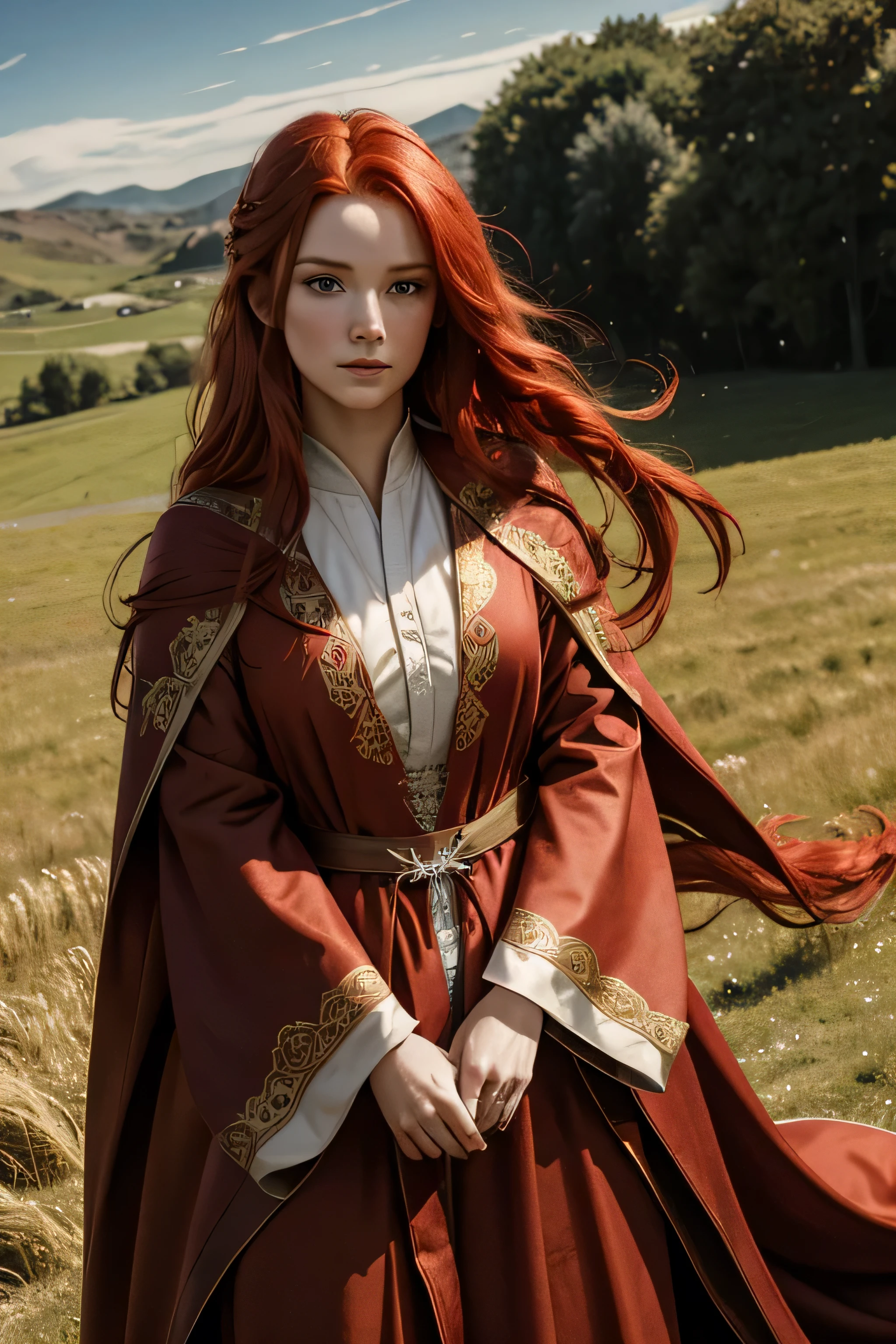 1 medival woman, long red hair, wearing a noble red cloth robe, 25 years old, open field background, absurdres, high res, ultrasharp, 8K, masterpiece, the image should be of absurd resolution and high detail. It should be ultra-sharp and available in 8K resolution, representing a masterpiece in image quality.