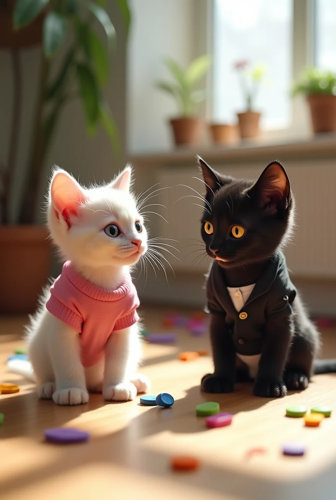 a white kitten in pink shirt and white half pant is scared by a horrible  black kitten dressed in black shirt and white pant 