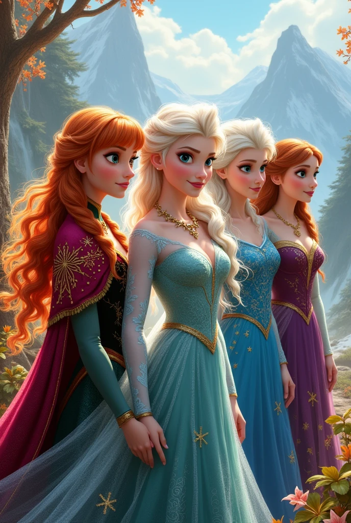 Beautiful 5 sisters
Pincess Anna would have fiery red hair, possibly with golden streaks that shimmer like embers. Her eyes could be a warm amber or deep red, reflecting her connection to fire. She might wear outfits in shades of red, orange, and gold, with flame-like patterns.
Queen Elsa retains her iconic platinum blonde hair and blue eyes. Her look would be reminiscent of the original, with ice-blue dresses adorned with snowflake patterns. Her presence would exude calm and grace, with a slight aura of frost around her.
Princess Seraphina would have long, flowing silver or white hair that seems to move as if caught in a gentle breeze. Her eyes might be pale gray or sky blue, and her attire could consist of flowing garments in soft whites, blues, and silvers, resembling clouds.
Princess Marina could have deep blue or teal hair, cascading like waves down her back, and sea-green eyes that reflect the ocean’s depths. Her clothes might be in shades of blue and green, with wave or water drop patterns.
Princess Flora might have earthy brown or dark green hair, with eyes that are deep green, like a forest. Her clothing would likely be in natural tones—greens, browns, and golds—with leaf and vine motifs.