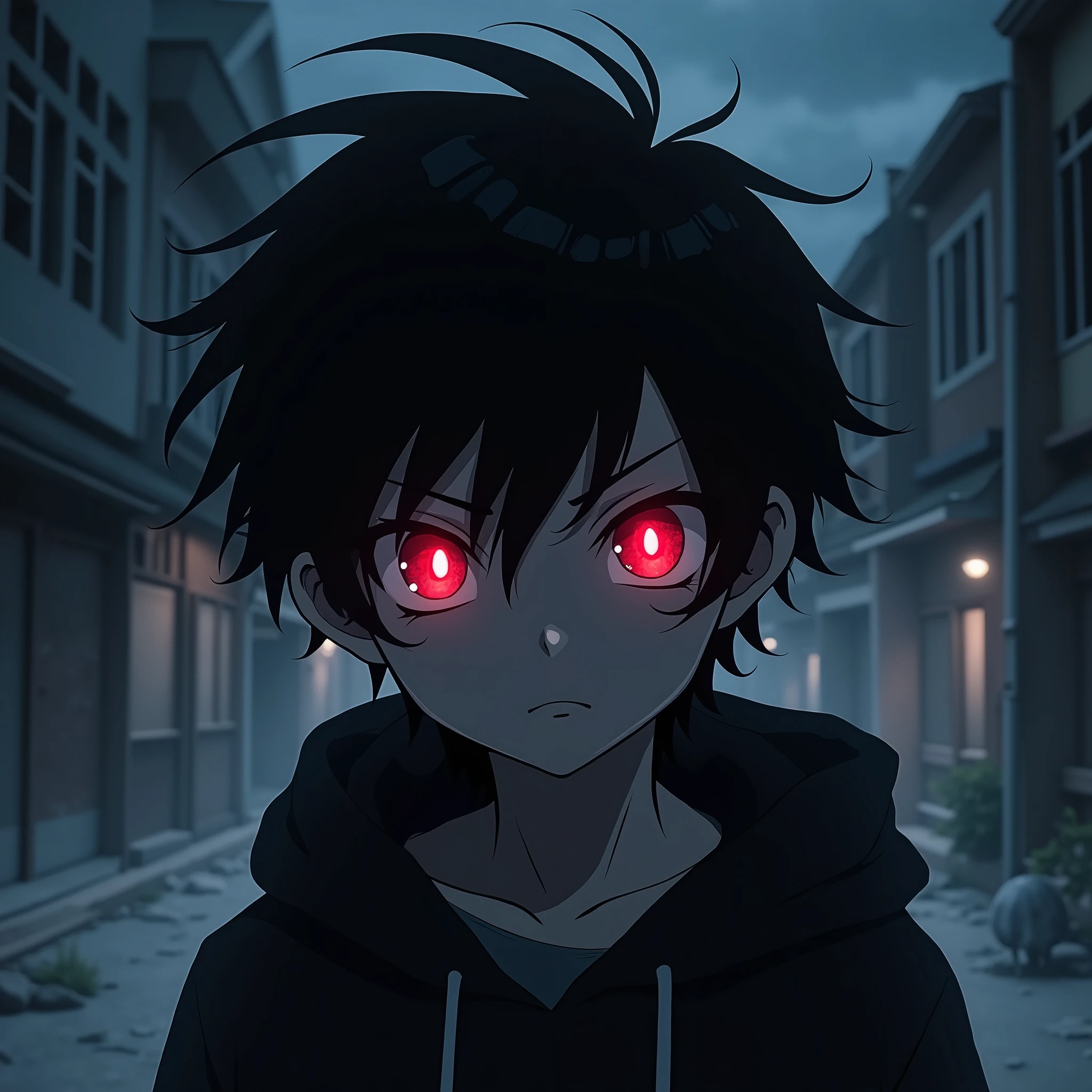 Anime boy, portrait wearing a mouth mask,,black hair and red eyes,empty eyes, highly detailed anime artstyle, wearing a hoodie, menacing eye glare, robotic eye's, vibrant colors, night, monochrome,8k,16k, HD, unparalleled masterpiece, dynamic lighting, cinematic, epic