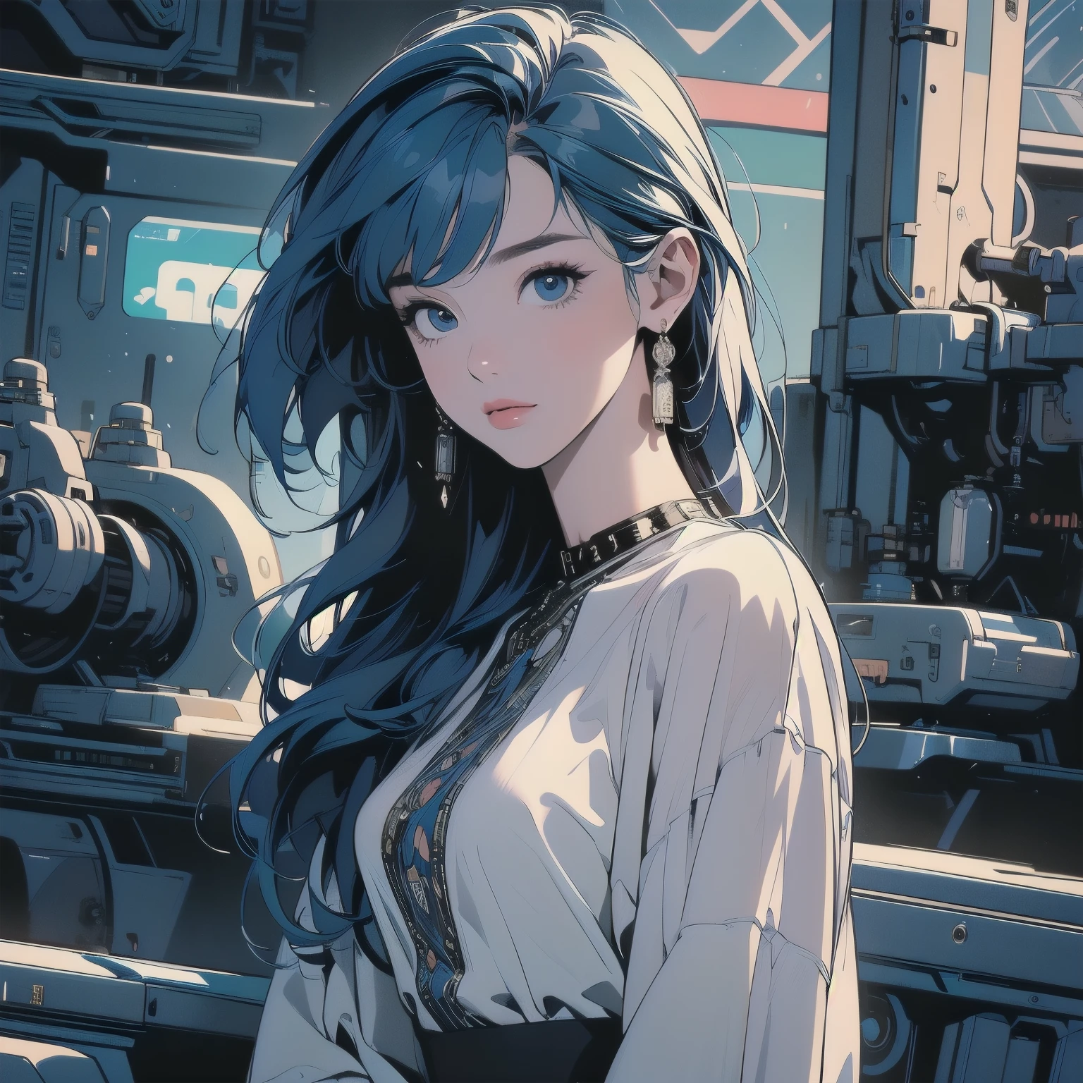 (((masterpiece, Highest quality)))、(((32K Wallpapers)))、The most detailed machine、(((The most complete and detailed futuristic machine and a woman)))、The most detailed background、(((Flat Chest)))、(((Surrounded by many complex, sophisticated, futuristic machines)))、head shot,((((more various angle))))、((Overall colorfully))、A perfect machine、(((Perfect Face)))、(((The most complete machine of the future)))、Detailed Hair、Short sleeve white T-shirt, blue hair