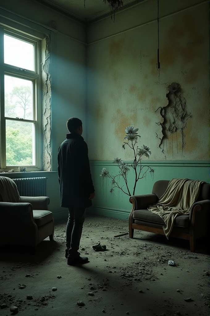 Photo of someone in an abandoned house in first person with morse codes
