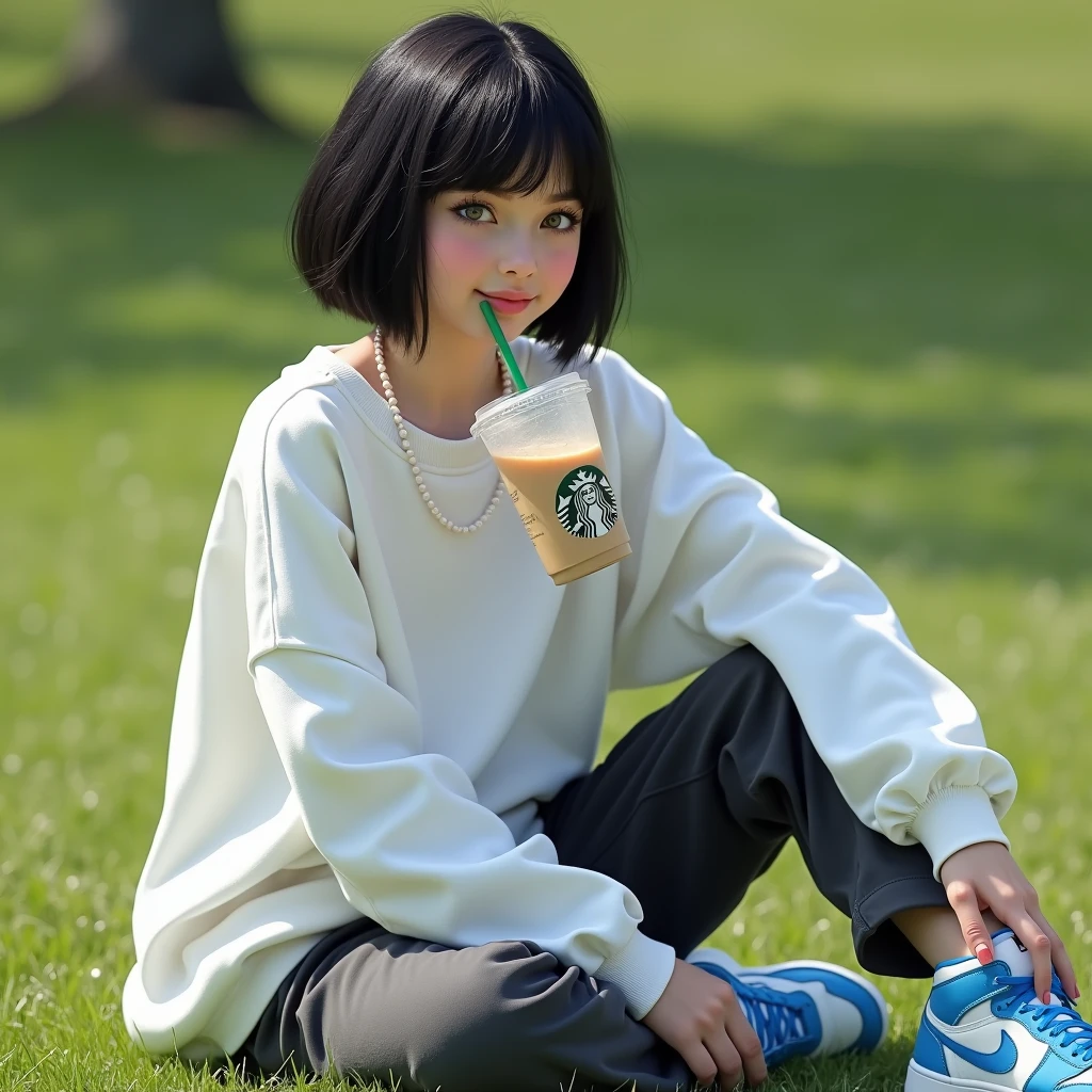 (RAW photo, best quality, masterpiece: 1.2), (photorealistic: 2), (Polish girl, 20 years old, black hair, Light grey eyes, short bob cut, hair in 7 thirds, hair over one ear, Symmetrical eyes, solo, Detailed Skin:1.1), Wearing a white oversized sweatshirt, dark grey pants, light blue and white Nike Jordans, a small pearl necklace, sitting Indian style on the grass, drinking a Starbucks latte from a clear cup with a green straw, side view, sunny, gel nails, smiling