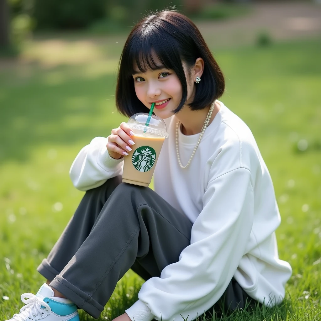 (RAW photo, best quality, masterpiece: 1.2), (photorealistic: 2), (Polish girl, 20 years old, black hair, Light grey eyes, short bob cut, hair in 7 thirds, hair over one ear, Symmetrical eyes, solo, Detailed Skin:1.1), Wearing a white oversized sweatshirt, dark grey pants, light blue and white Nike Jordans, a small pearl necklace, sitting Indian style on the grass, drinking a Starbucks latte from a clear cup with a green straw, side view, sunny, gel nails, smiling