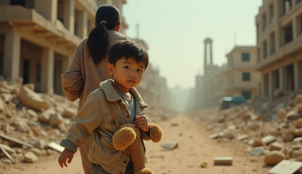 photo taken from the side of a little asian boy, , looking at the camera, walking behind his mother who is holding his hand, while he clutches his teddy bear, on the ruin of a city, sand cloud, heat, hazy, rubles, debris, desaturated, low contrast, cinematic