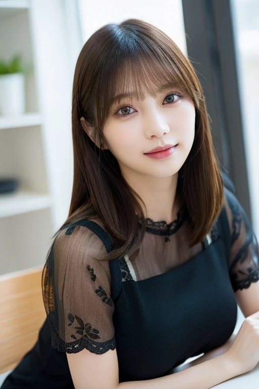 On the table、best quality、Photorealism、Finely、high resolution、８wallpaper、Perfect dynamic posture、Beautiful slender eyes and long hair、（Big breasts 1.2）、casual sexy pose、Random situations、Selfie Angle，Looking at the camera，（Tight round neck black mesh lace shirt）、、Gentle smile、50 years old、（Perfect Eyes 1.3）、Mature adult beauties、Japanese、

