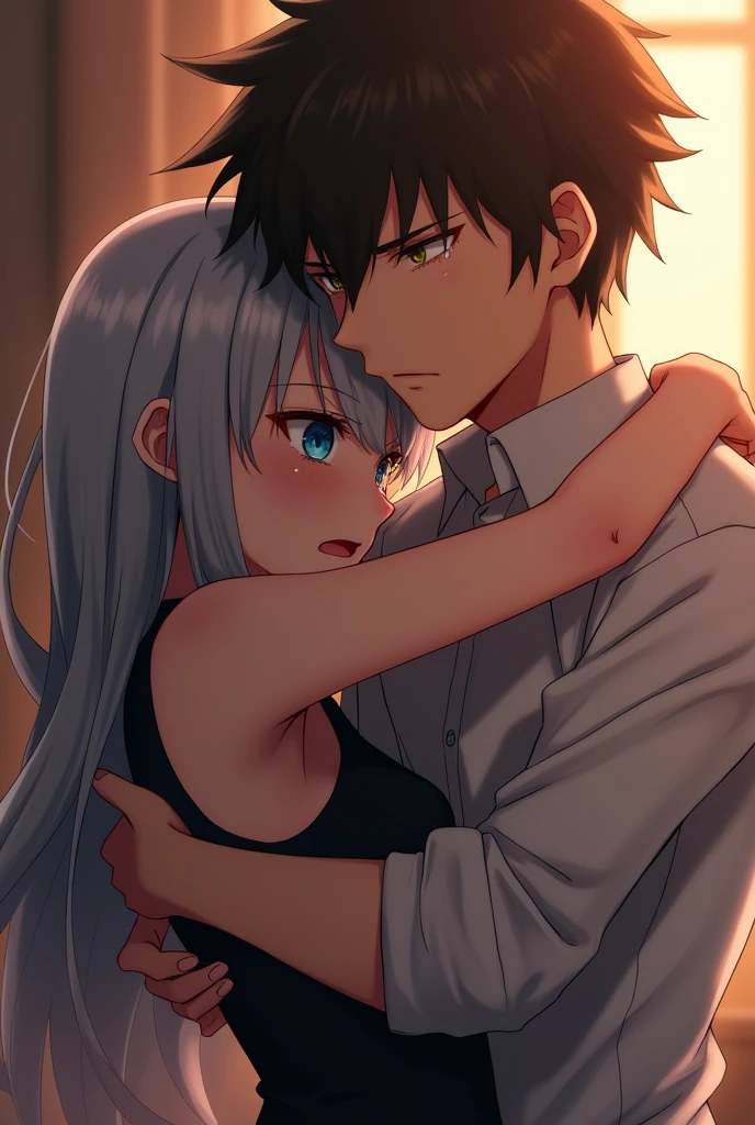 18 year old anime girl with gray hair and blue eyes wearing a short black dress crying loudly in the arms of a 25 year old young man with brown hair, green eyes and sharp and serious features and the girl holding his shirt tightly and crying in a blurry background