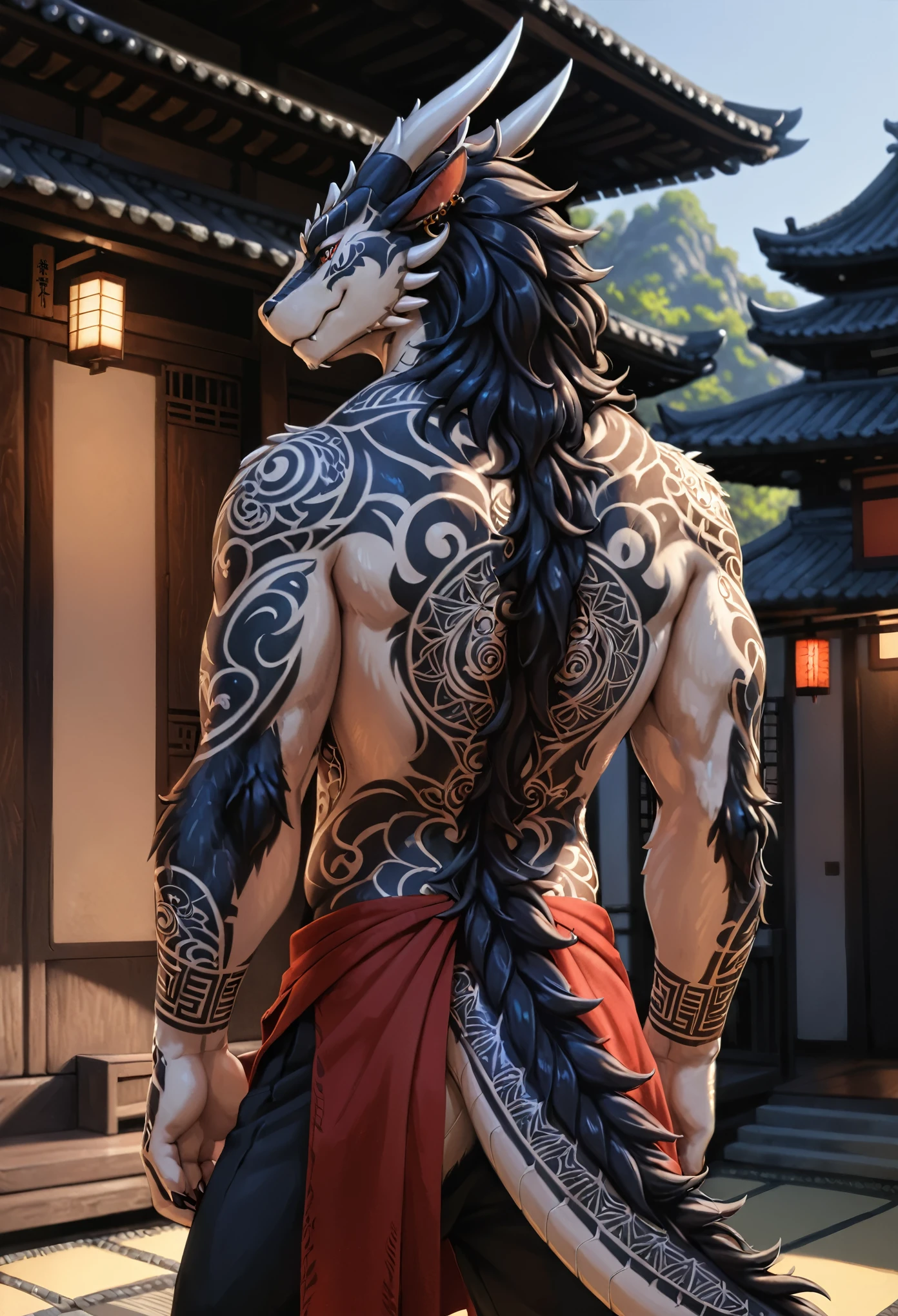 back view, best quality,  full body portrait, wide shot, 

solo, furry anthro stag male, Yakuza style, detailed fur texture, (realistic face and eyes), dressed, clothed, lowered cloth, lowered haori, haori, intricate tattoos, (yakuza symbol, yakuza demon tattoos, yakuza dragon tattoos:1.2), (sharp claws), piercing gaze, dark background, masterpiece, from back, The back is tattooed, the back is visibleб 

[by Alex Timmermans:by jaynaylor:0.25],
detailed background, detailed foreground, depth of field, ambient silhouette, backlighting,

