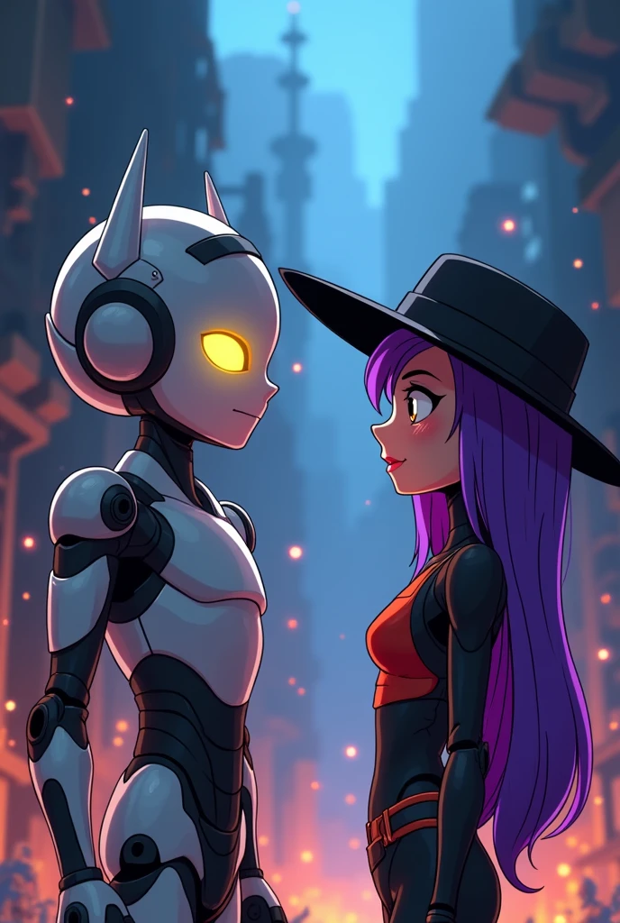 Screenshot from Murder drones tv series N and Uzi together V cried Male robot white fabello pilot hat screen yellow eyes and female robot with purple hair black hat