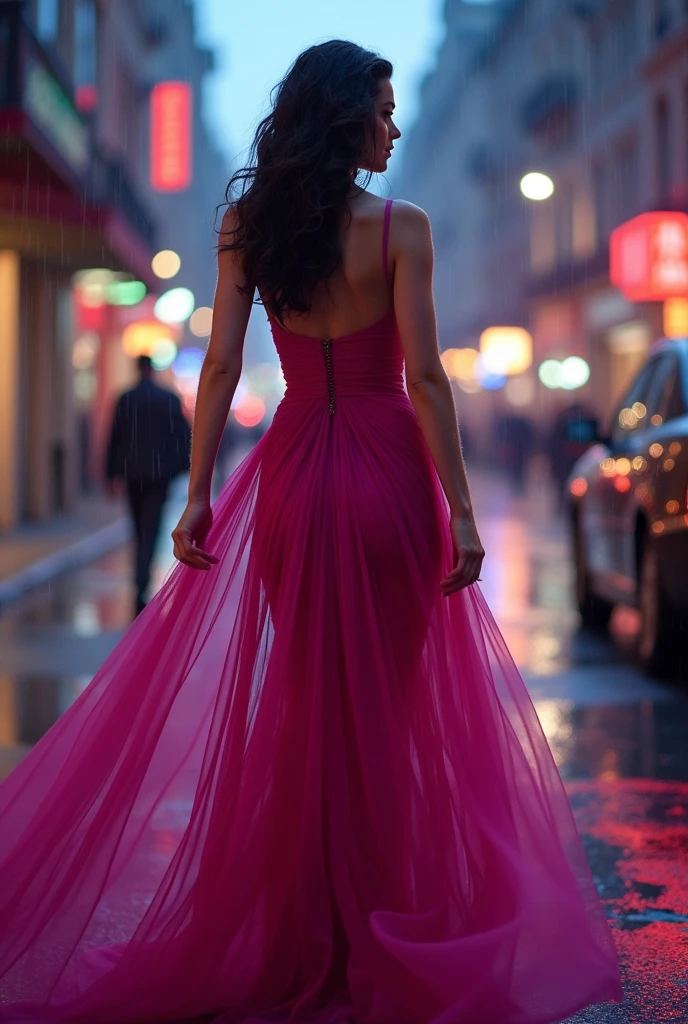 Anne Hathaway's face, mystical film version, (((Fuchsia dress))), long dress, tight dress, wet dress, transparent dress, chiffon dress, (((transparency))), (((buttocks visible under the fabric translucent))), small breasts, nipples, athletic body, red lips, (((transparency on the buttocks))), ass, low back, city, shot from behind.