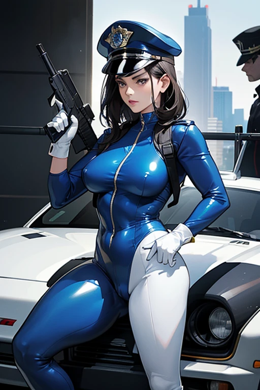 A dark-haired, muscular mature woman in a blue patent leather catsuit, wearing white gloves, white boots and a police cap, holding a submachine gun at the scene of a crime　Police car