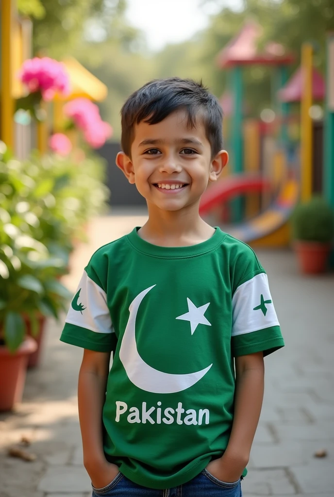 A boy with a picture of Pakistan flag on his shirt and Pakistan student written in green color behind it.