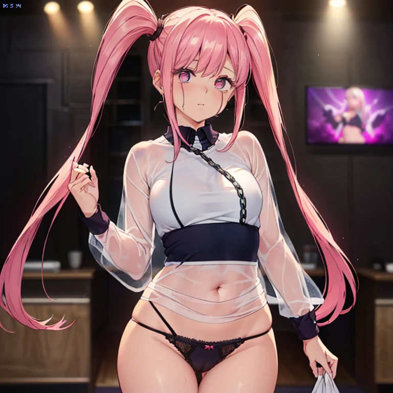 Very beautiful girl, See through,Beautiful and fair、Beautiful Skin、Glowing Skin, bright, Refreshing and gentle look, Perfect beautiful face、Beautiful shiny bangs, Small ,Lace dress,See through,(((女性のためのsexyな透明なパンティー,Hola,seamless,Low waist,Plain,Quick-drying underwear,sexy)))o look directly at the crotch.),(Tea-colored hair with a pink ribbon and twin tails:1.23),(((ベルトとストラップ付きのFor women下着セット,Metal Chain,sexyなランジェリ Piece Set,Porn Wear,Nigub Temptation,For women))),((Underwear is transparent level 35%)),((80% chance of wearing thin underwear%))