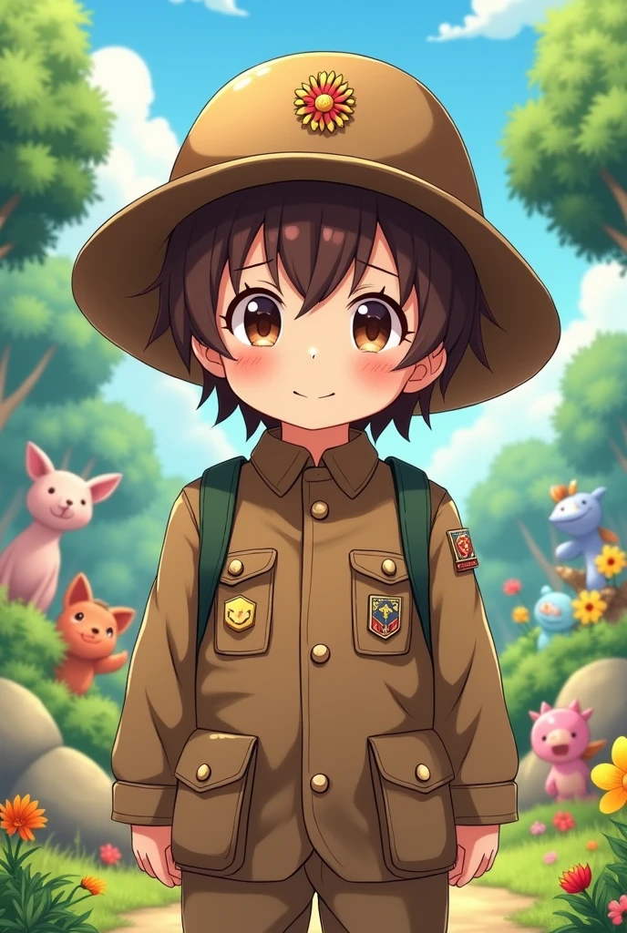 Brown combat uniform　Child　cute　anime　Wearing a hat　My hair is brown　
small