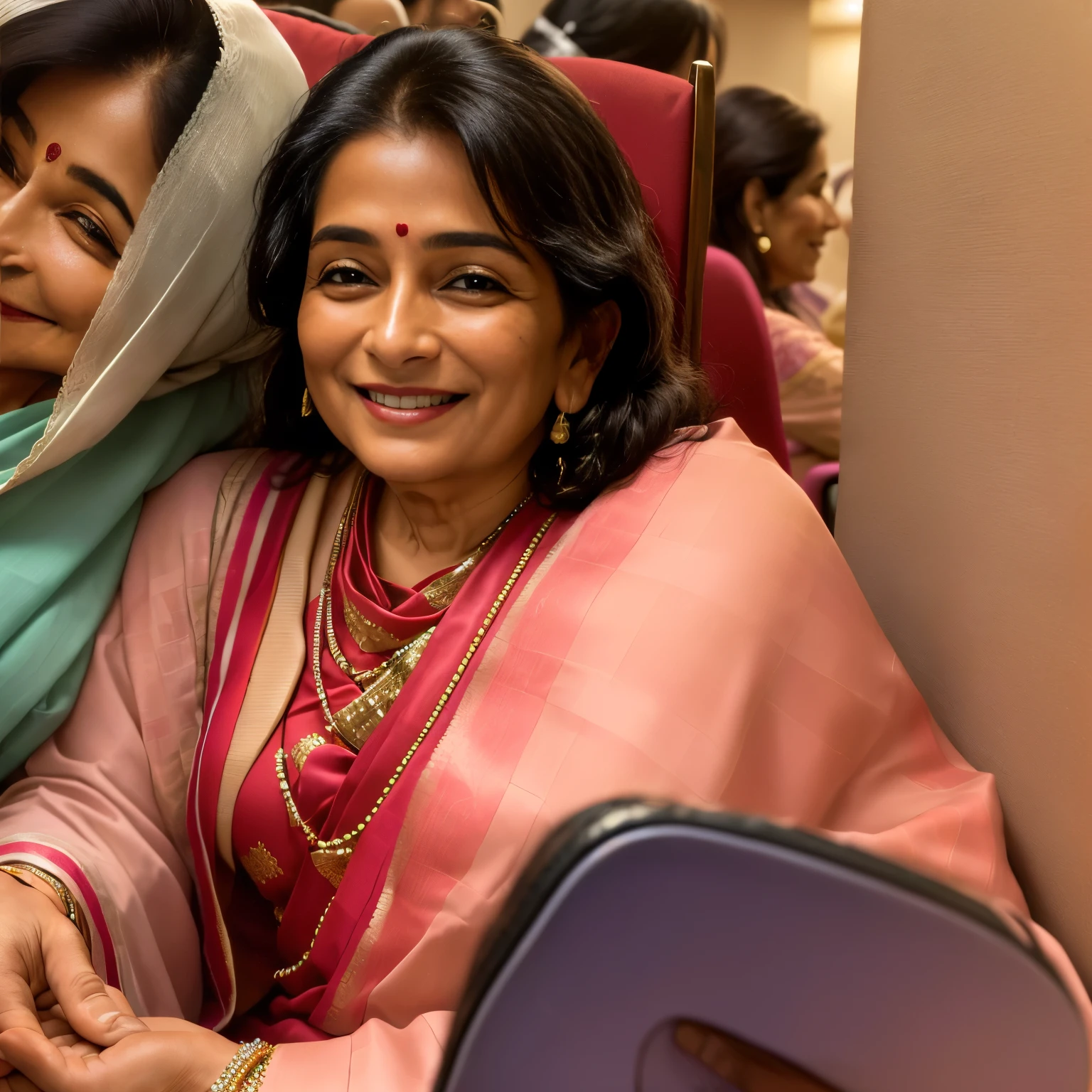 smiling woman sitting on a chair holding a pair of shoes, ritu kumar, dayanita singh, photo of a woman, faridah malik, very very happy, older woman, smiling woman, she is smiling, profile image, with a happy expression, with a beautifull smile, year 2 5 0 0, by T. K. Padmini, vastayan