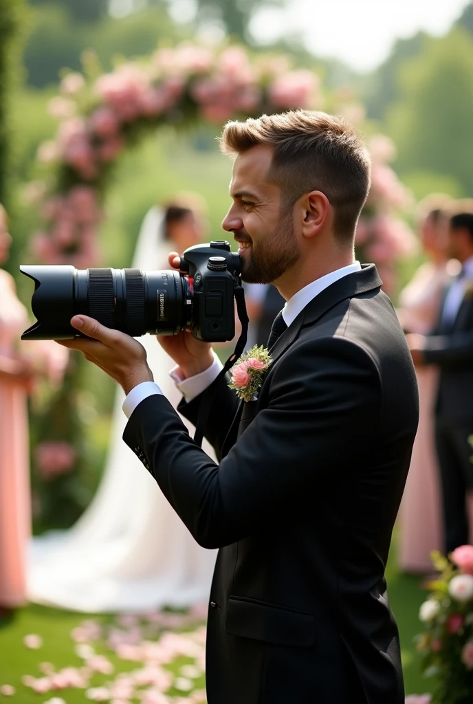 10000mm lens camera canon . Very big lens. Zoom lens. Very long lens.. a man holding camera. Wedding photographer