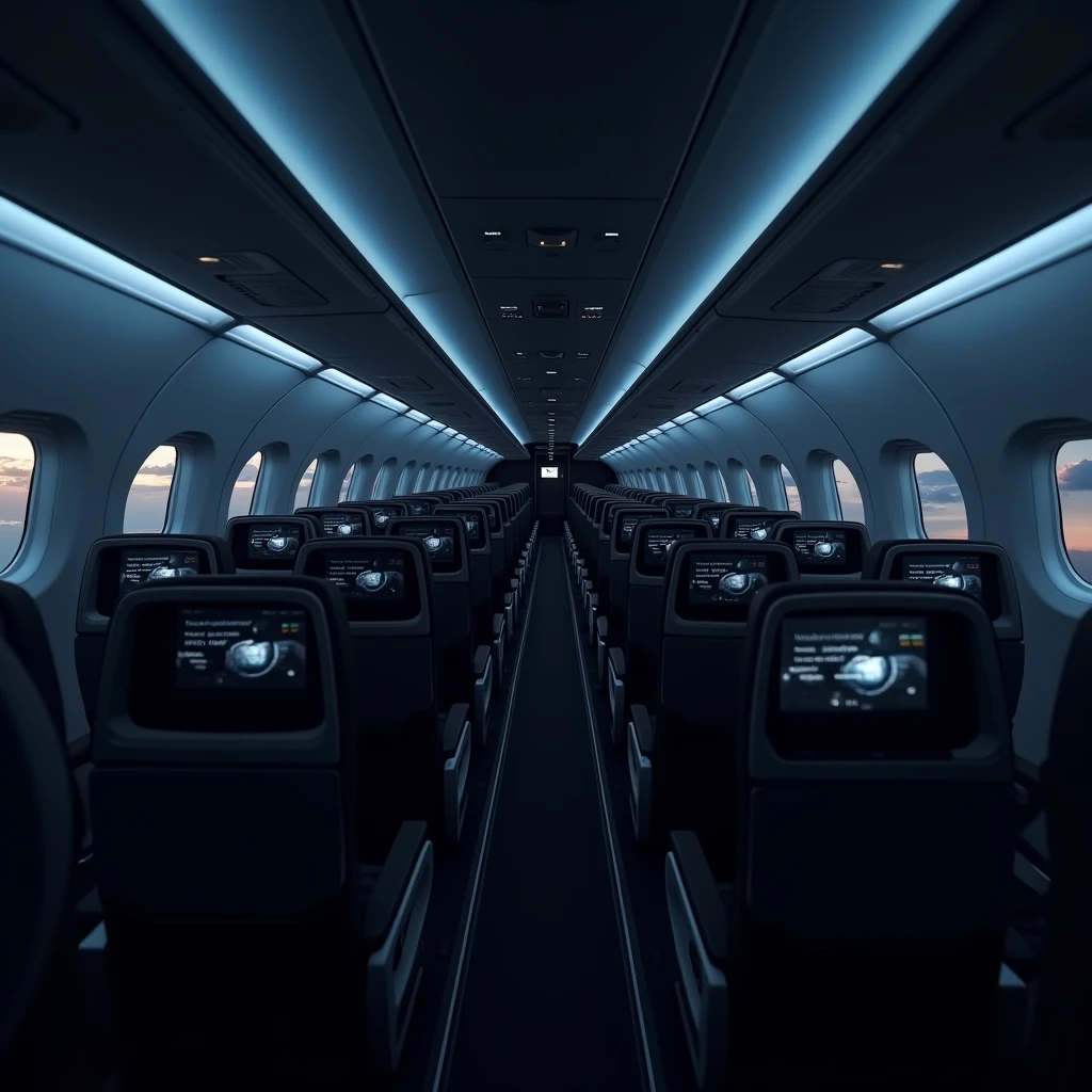 In the cockpit of the aircraft,You can see a lot of airplane seats,The seats have screens on the headrests,Real Effects,No passengers,Can see out the window and back of the seat,Night effect。Camera rotates 45 degrees VR effect