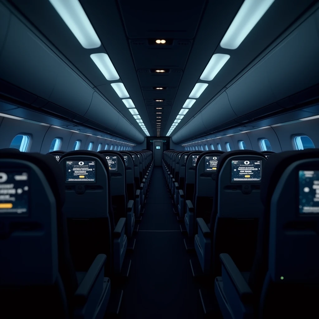 In the cockpit of the aircraft，You can see a lot of airplane seats，The seats have screens on the headrests，Real Effects，No passengers，Can see out the window and back of the seat，Night effect。Camera rotates 45 degrees VR effect

