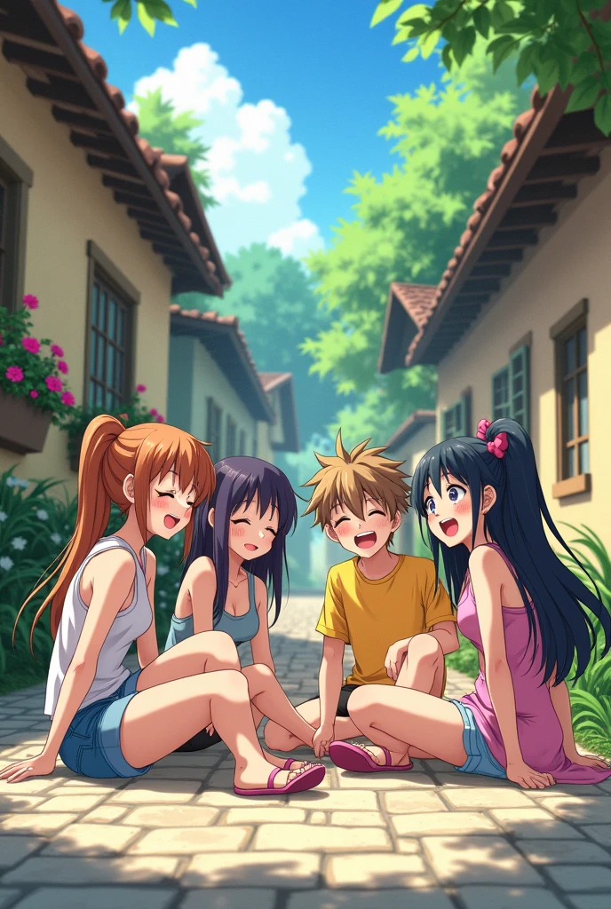 generate an anime image about four best friends (3 girls and 1 boy) playing on their village streets and sat down. I SAID THERE IS ONE BOY AND THREE GIRLS