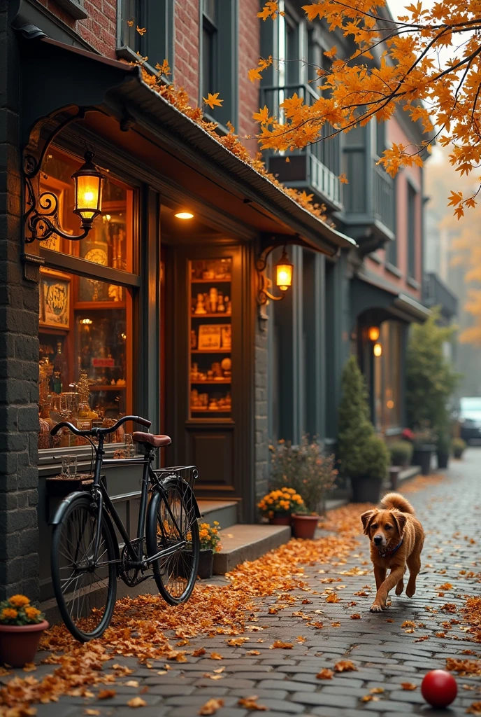 Imagine you are browsing an antique store., The store is filled with antiques and treasures. The Art Deco logo adds a touch of elegance to the atmosphere. Store front, An antique bicycle leans against a brick wall, Recalling past adventures. The fallen leaves from the trees form a golden carpet on the ground, A playful dog chasing a ball on the street.
