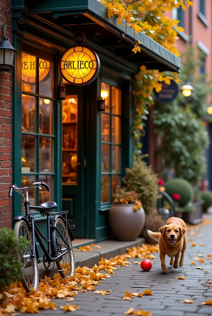 Imagine you are browsing an antique store., The store is filled with antiques and treasures. The Art Deco logo adds a touch of elegance to the atmosphere. Store front, An antique bicycle leans against a brick wall, Recalling past adventures. The fallen leaves from the trees form a golden carpet on the ground, A playful dog chasing a ball on the street.