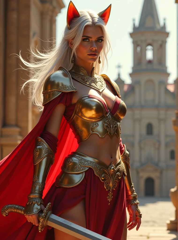 (8K, Highest quality:1.2)、masterpiece, Beautiful Female Warrior, (Attractive American Model),(( Gold and red clothes))、(((Cat ear)))、(( Mature Female Warrior)), ((Armor with great attention to detail)), (Strong muscular body),　(((Big Breasts)))、((Large Breasts))、Cleavage、(Powerful arms)、 (bright silver hair), Braiding、Disheveled Hair、((Delicate embroidery))、 High resolution, (Skin Texture:1.1), Highest quality, 超High resolution, (Realistic: 1.4), RAW Photos, Nikon D850 film stock photos, 1 1 1.6 Lenses, Rich colors, Bokeh, Sharp focus, Realistic, Cinestill 800, Backlight, Rim Light, Strong sunlight, Realistic, Realistic Shadow, 3d, (Church Background:1.2),Hair blowing in the wind、whole body、(((Ancient fantasy female warrior))),Combat Accessories,breastplate、((Sleek mini skirt))、Voluminous lips、(((Big Breasts)))、((Large Breasts))、Cleavage、((Perfect Face))、Big eyes、Delicate eyes、Powerful gaze、Body-fitting armor、looking at the camera、belt、Armor with intricate patterns、Upper Body、Delicate hands、Robe(masterpiece:1.2), (Highest quality:1.2), Perfect Eyes, Perfect Face, Volumetric lighting, One Mature Woman,(( Mature Female Warrior))、Holding a long sword、commander、ガーターbelt
