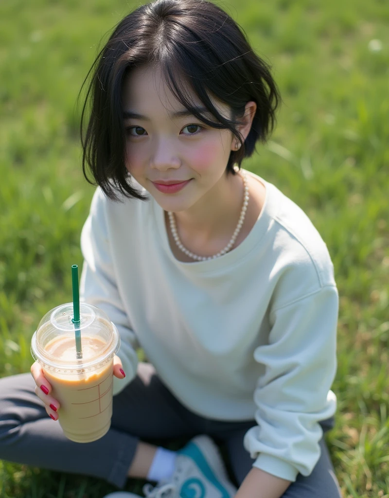 (RAW photo, best quality, masterpiece: 1.2), (photorealistic: 2), (Polish girl, 20 years old, black hair, Light grey eyes, short bob cut, hair in 7 thirds, hair over one ear, Symmetrical eyes, solo, Detailed Skin:1.1), Wearing a white oversized sweatshirt, dark grey pants, light blue and white Nike Jordans, a small pearl necklace, sitting Indian style on the grass, drinking a Starbucks latte from a clear cup with a green straw, angled slightly above, sunny, gel nails, smiling