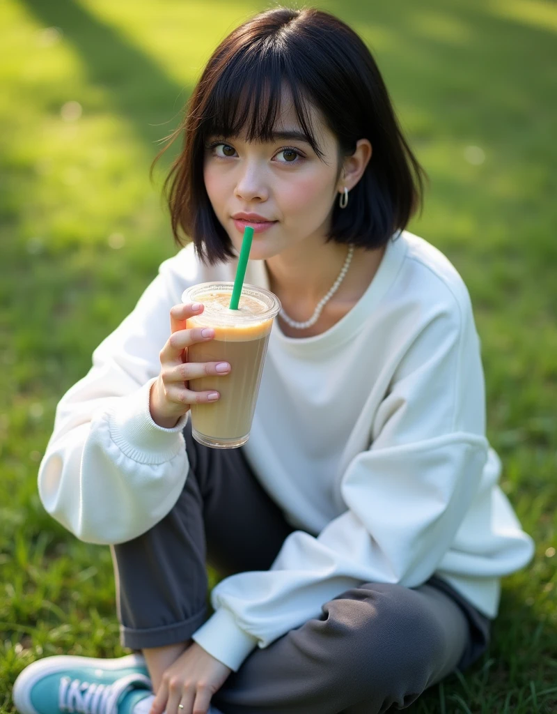 (RAW photo, best quality, masterpiece: 1.2), (photorealistic: 2), (Polish girl, 20 years old, black hair, Light grey eyes, short bob cut, hair in 7 thirds, hair over one ear, Symmetrical eyes, solo, Detailed Skin:1.1), Wearing a white oversized sweatshirt, dark grey pants, light blue and white Nike Jordans, a small pearl necklace, sitting Indian style on the grass, drinking a Starbucks latte from a clear cup with a green straw, angled slightly above, sunny, gel nails, smiling