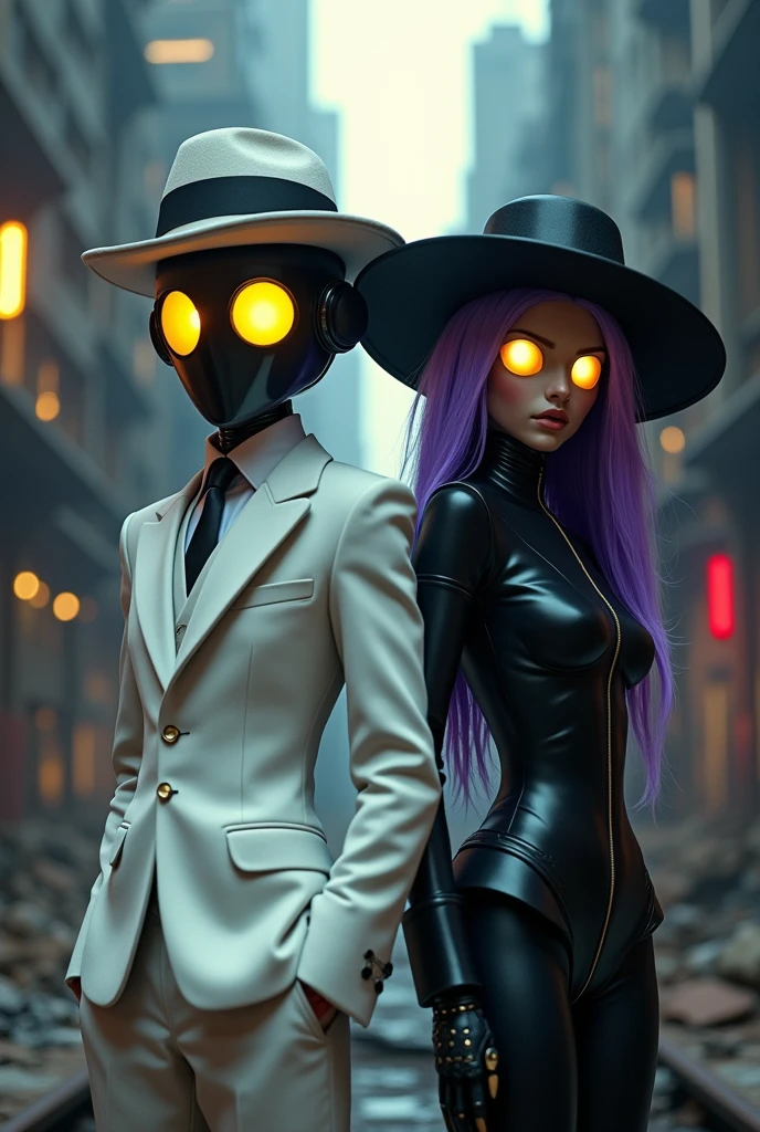 Screenshot from Murder drones tv series N and Uzi together V cried Male robot white fabello pilot hat screen yellow eyes and female robot with purple hair black hat 
